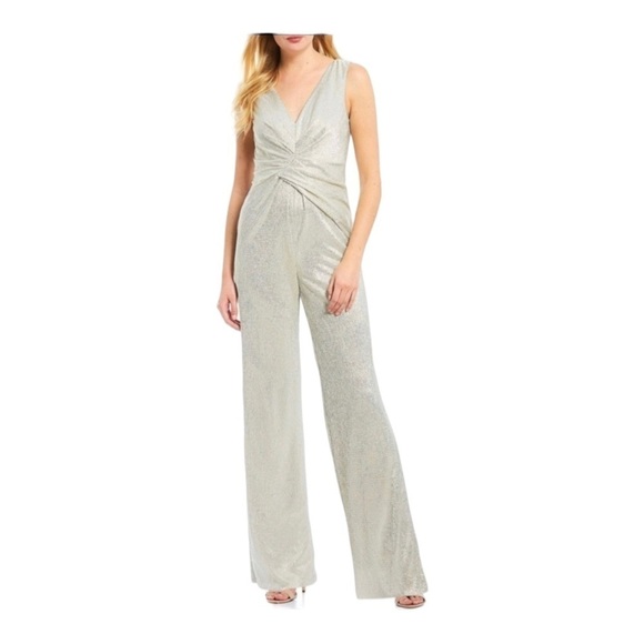 ADRIANNA PAPELL Metallic Silver Twist Front Sleeveless Jumpsuit Size 10 NWT - Picture 5 of 13